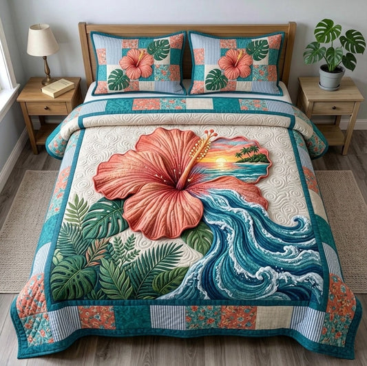Summer Hibiscus 3-Piece Quilted Bedding Set GFTONMU110