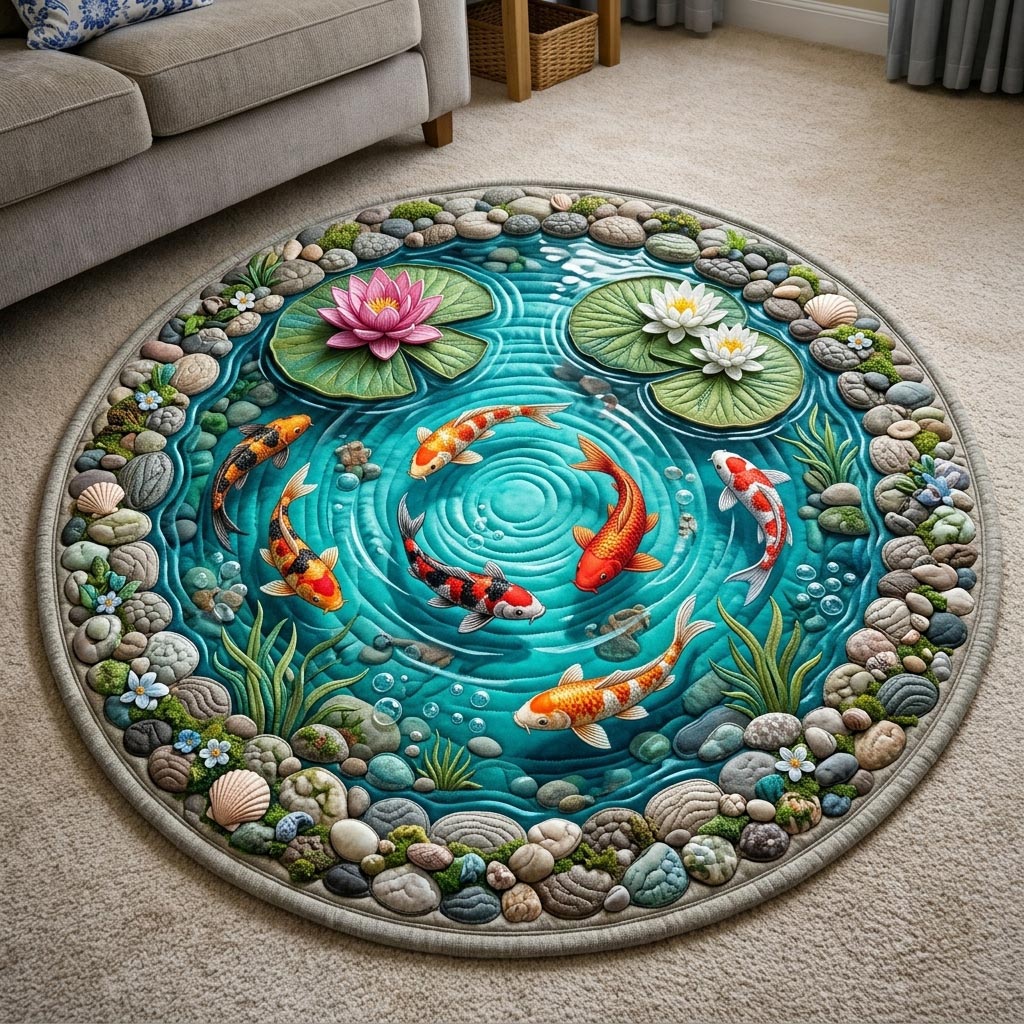 Koi Fish Pond Quilted Round Mat GFTONMU1130