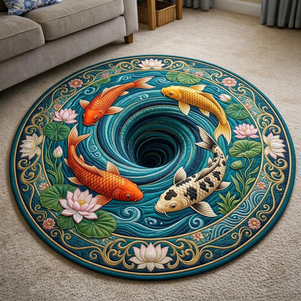 Koi Fish Pond Quilted Round Mat GFTONMU1131
