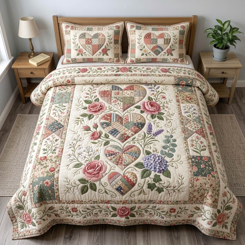 Floral Patchwork 3-Piece Quilted Bedding Set GFTONMU1364