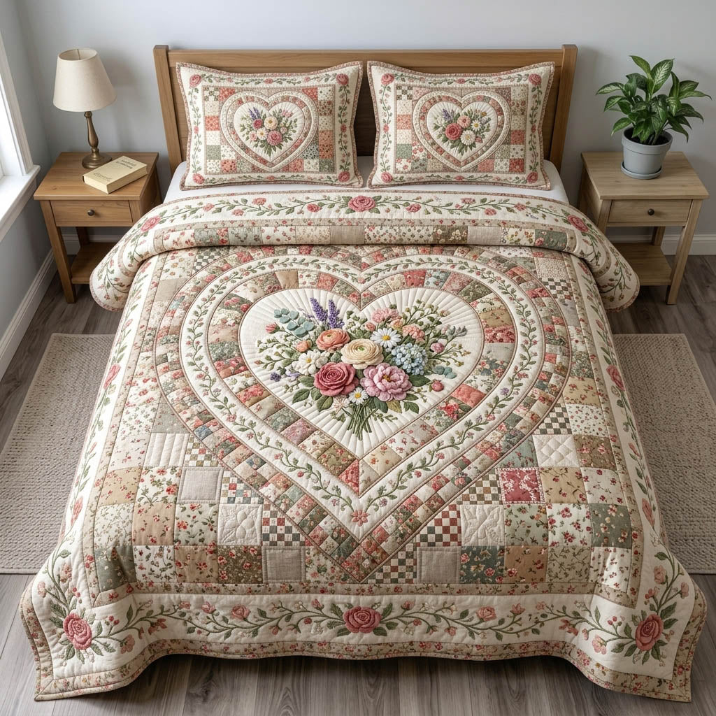 Floral Patchwork 3-Piece Quilted Bedding Set GFTONMU1366
