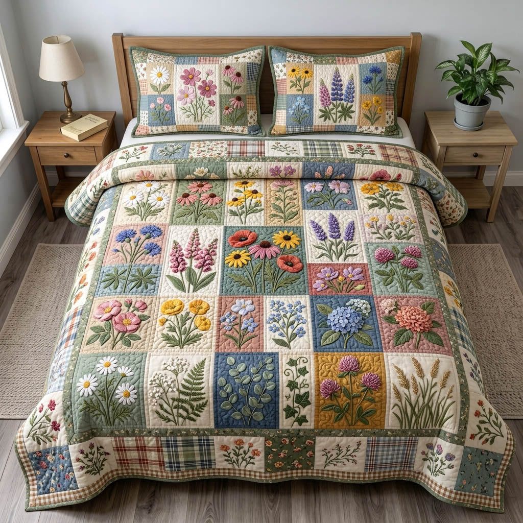 Floral Patchwork 3-Piece Quilted Bedding Set GFTONMU1369