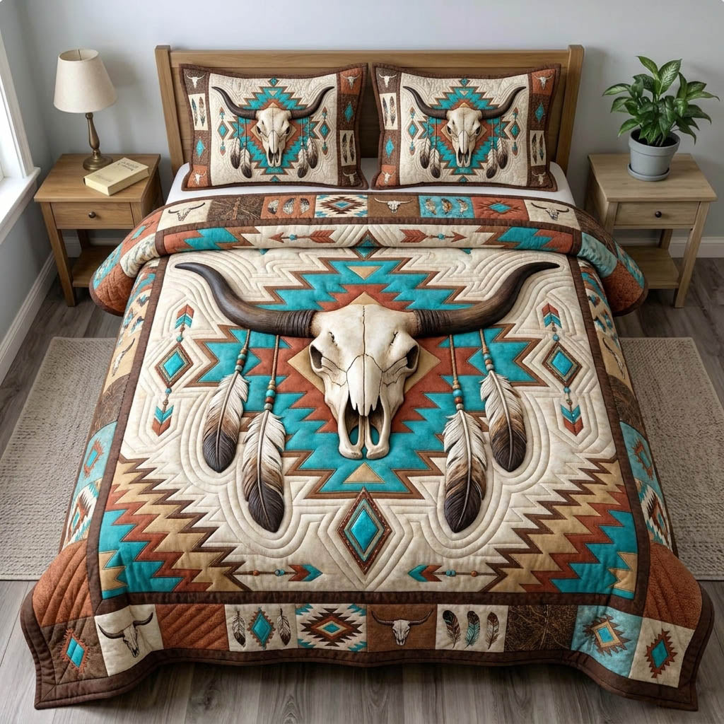 Longhorn Skull 3-Piece Quilted Bedding Set GFTONMU1410