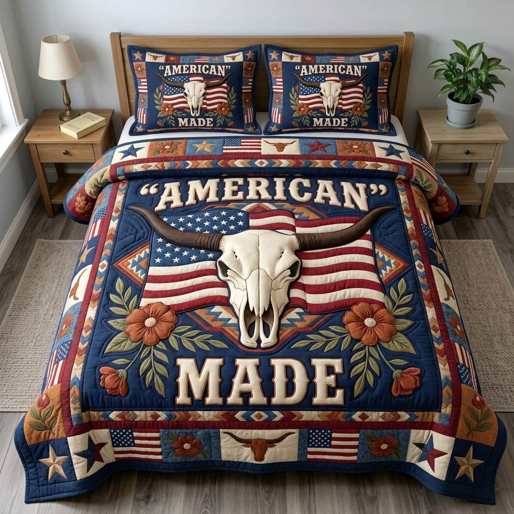 Longhorn Skull 3-Piece Quilted Bedding Set GFTONMU1411