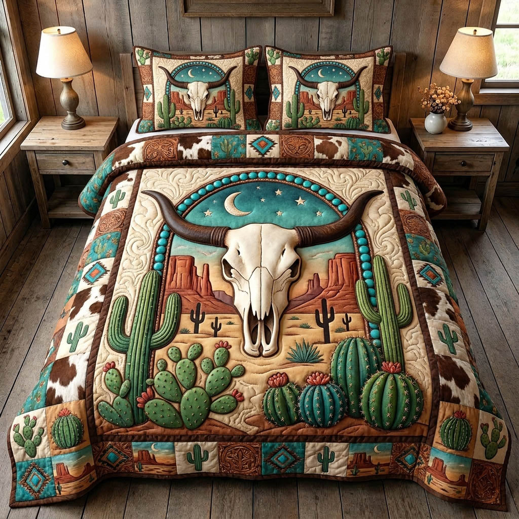 Longhorn Skull 3-Piece Quilted Bedding Set GFTONMU1414