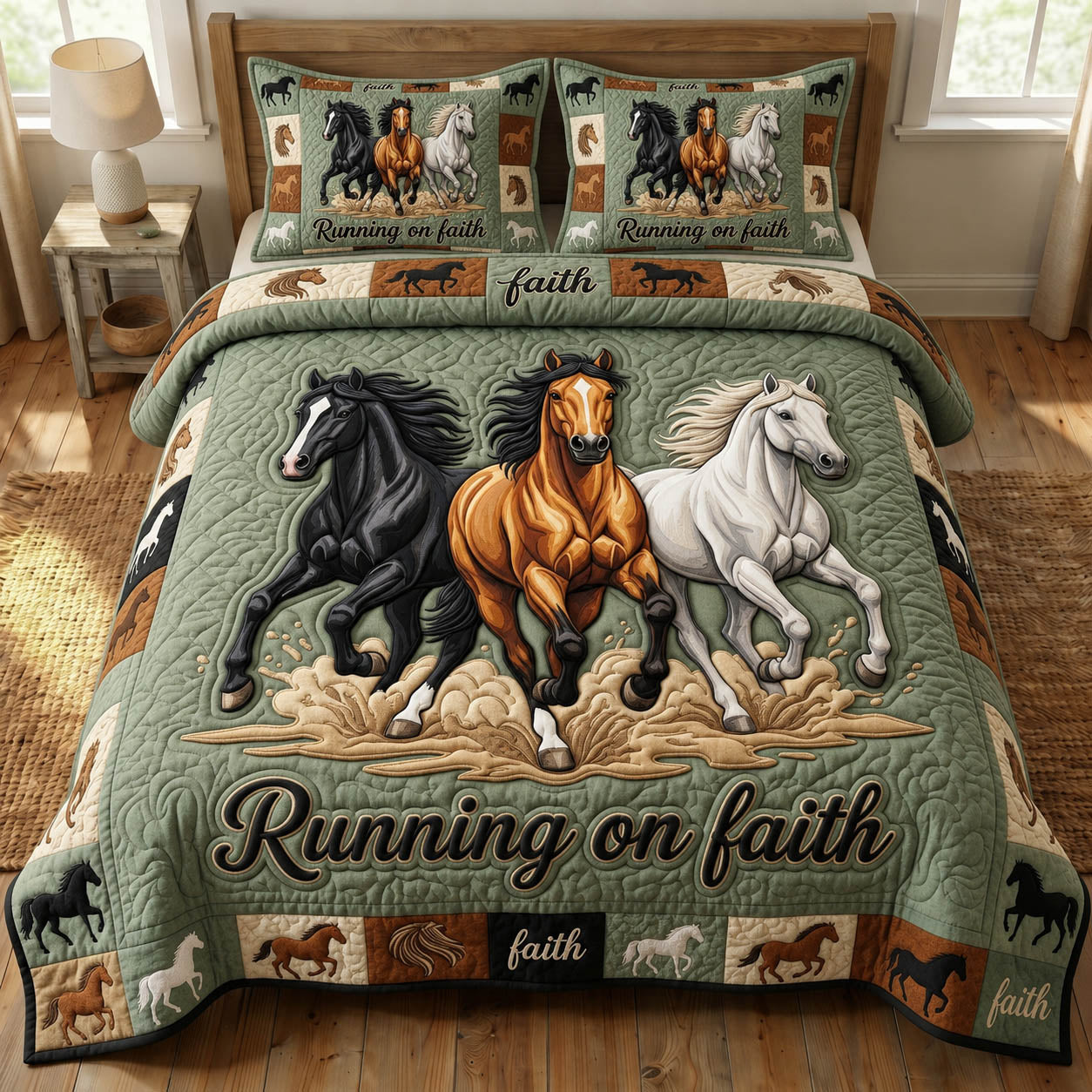 Prairie Horse 3-Piece Quilted Bedding Set GFTONMU1486