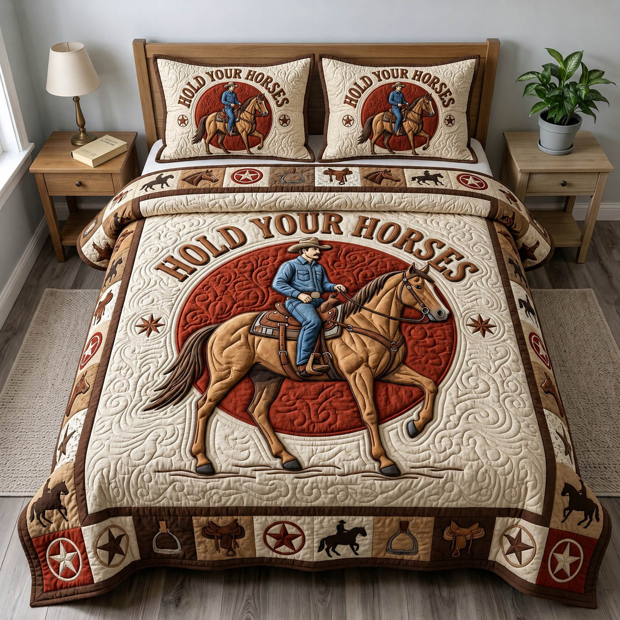 Prairie Horse 3-Piece Quilted Bedding Set GFTONMU1488