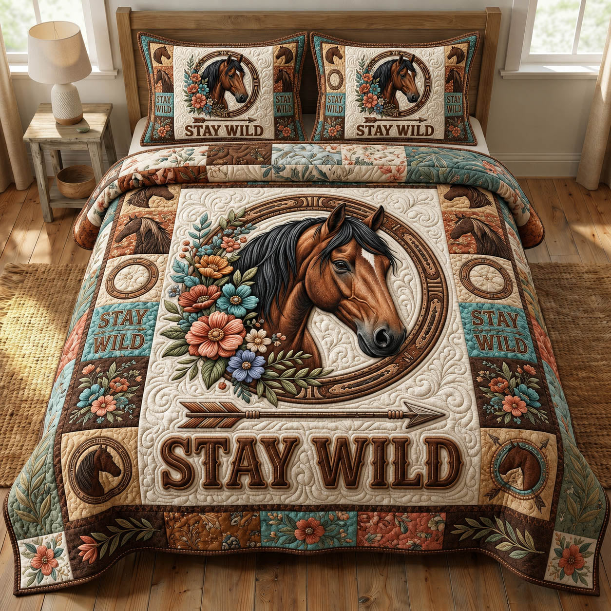 Prairie Horse 3-Piece Quilted Bedding Set GFTONMU1490
