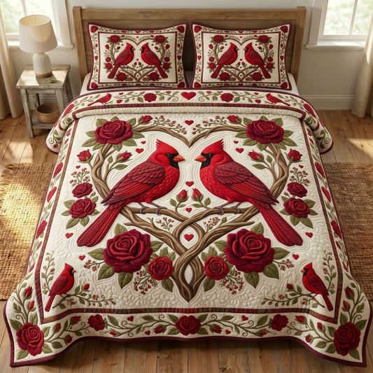Red Cardinal 3-Piece Quilted Bedding Set GFTONMU1587