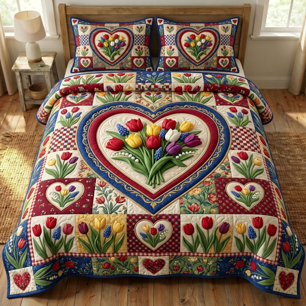 Floral Patchwork 3-Piece Quilted Bedding Set GFTONMU1590
