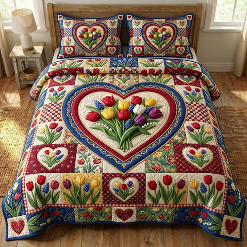 Floral Patchwork 3-Piece Quilted Bedding Set GFTONMU1590