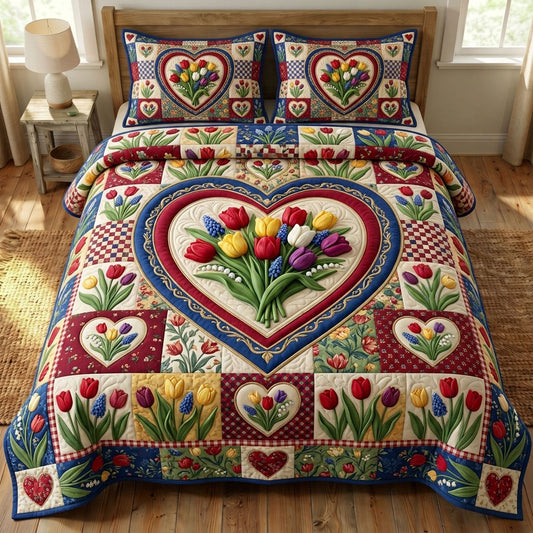 Floral Patchwork 3-Piece Quilted Bedding Set GFTONMU1590
