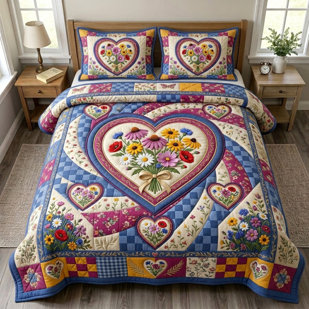 Floral Patchwork 3-Piece Quilted Bedding Set GFTONMU1591