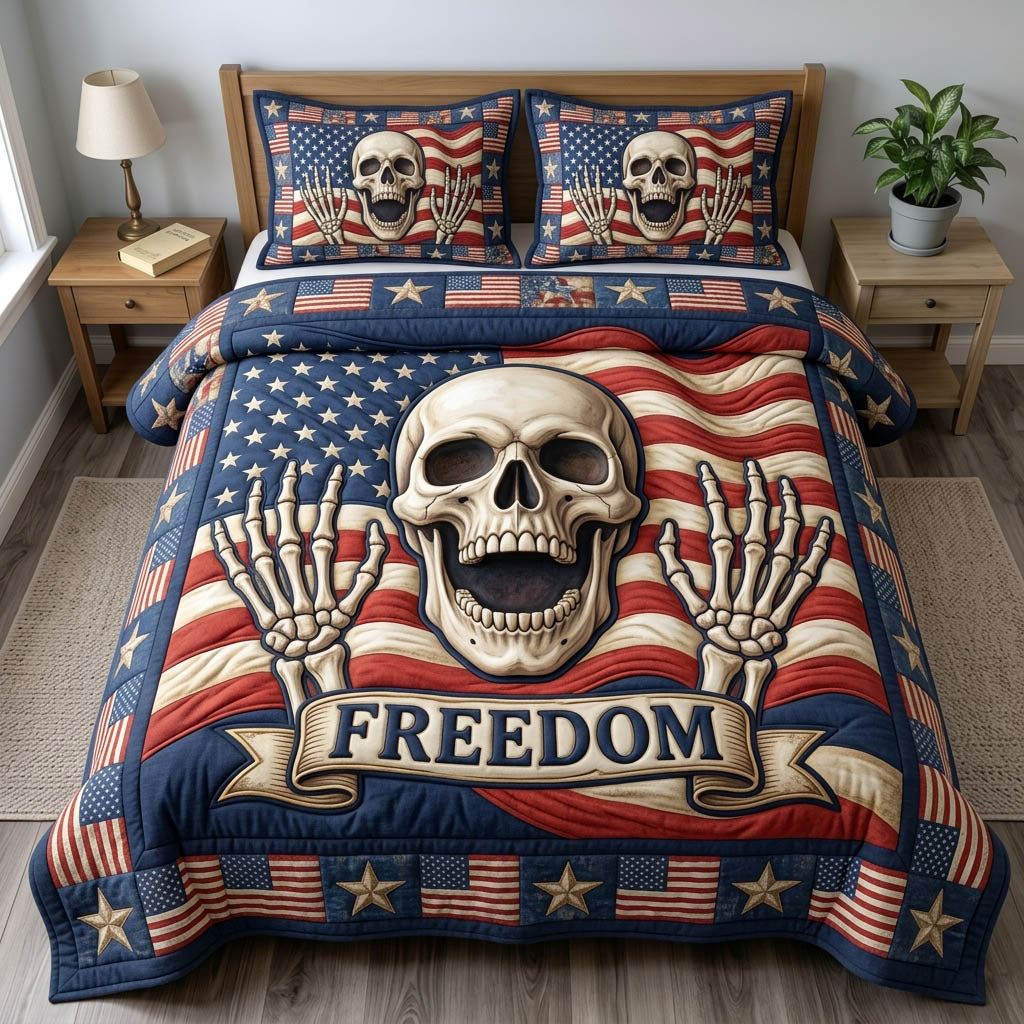 Patriotic Skull 3-Piece Quilted Bedding Set GFTONMU1686