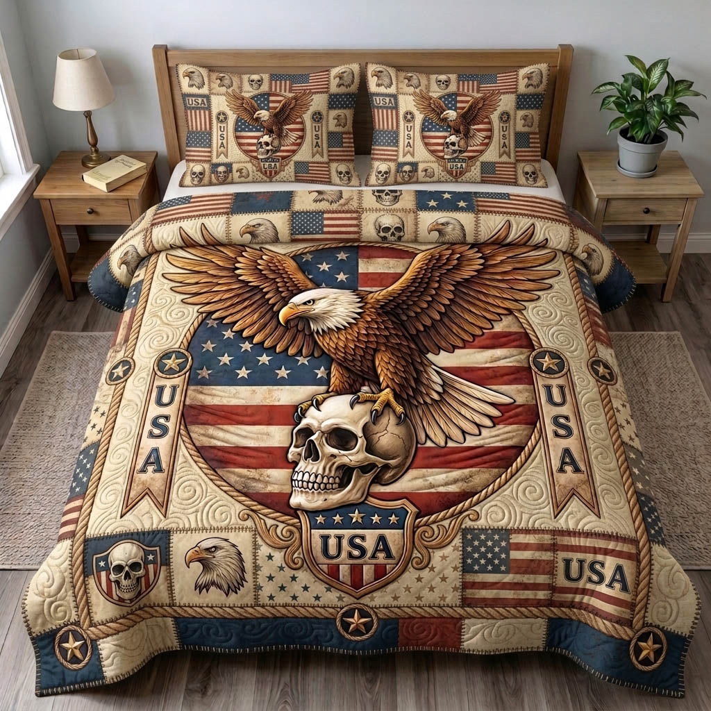 Patriotic Skull 3-Piece Quilted Bedding Set GFTONMU1688