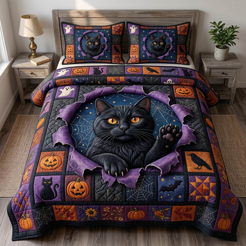 Black Cat 3-Piece Quilted Bedding Set GFTONMU1726