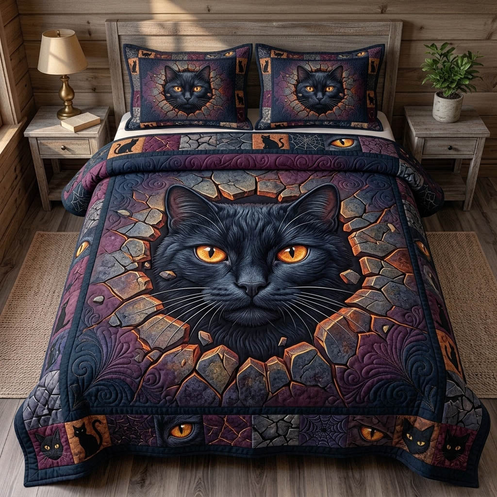 Black Cat 3-Piece Quilted Bedding Set GFTONMU1727
