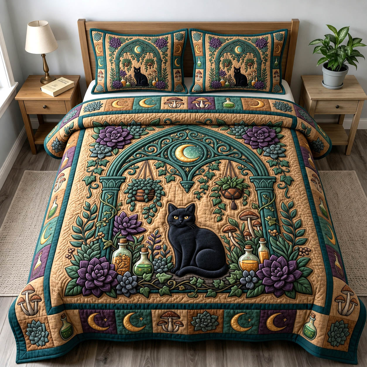 Black Cat 3-Piece Quilted Bedding Set GFTONMU1766