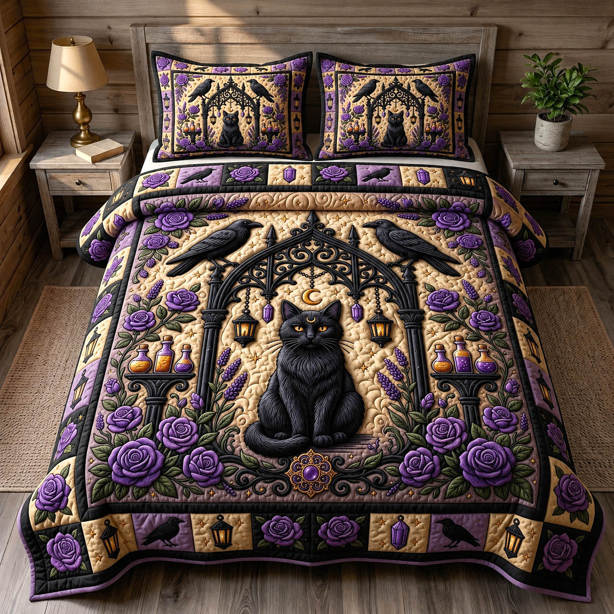 Black Cat 3-Piece Quilted Bedding Set GFTONMU1767