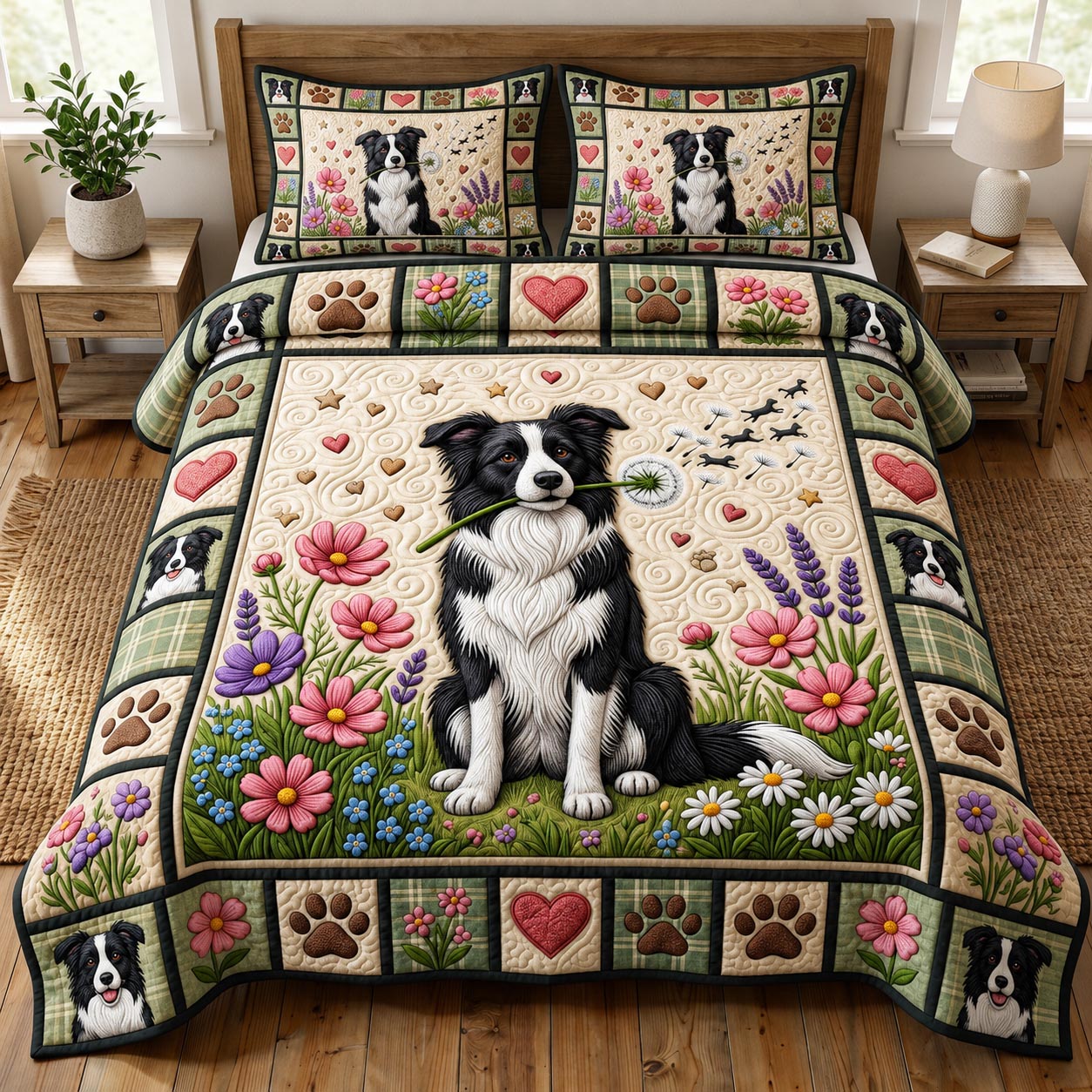 Border Collie 3-Piece Quilted Bedding Set GFTONMU1862