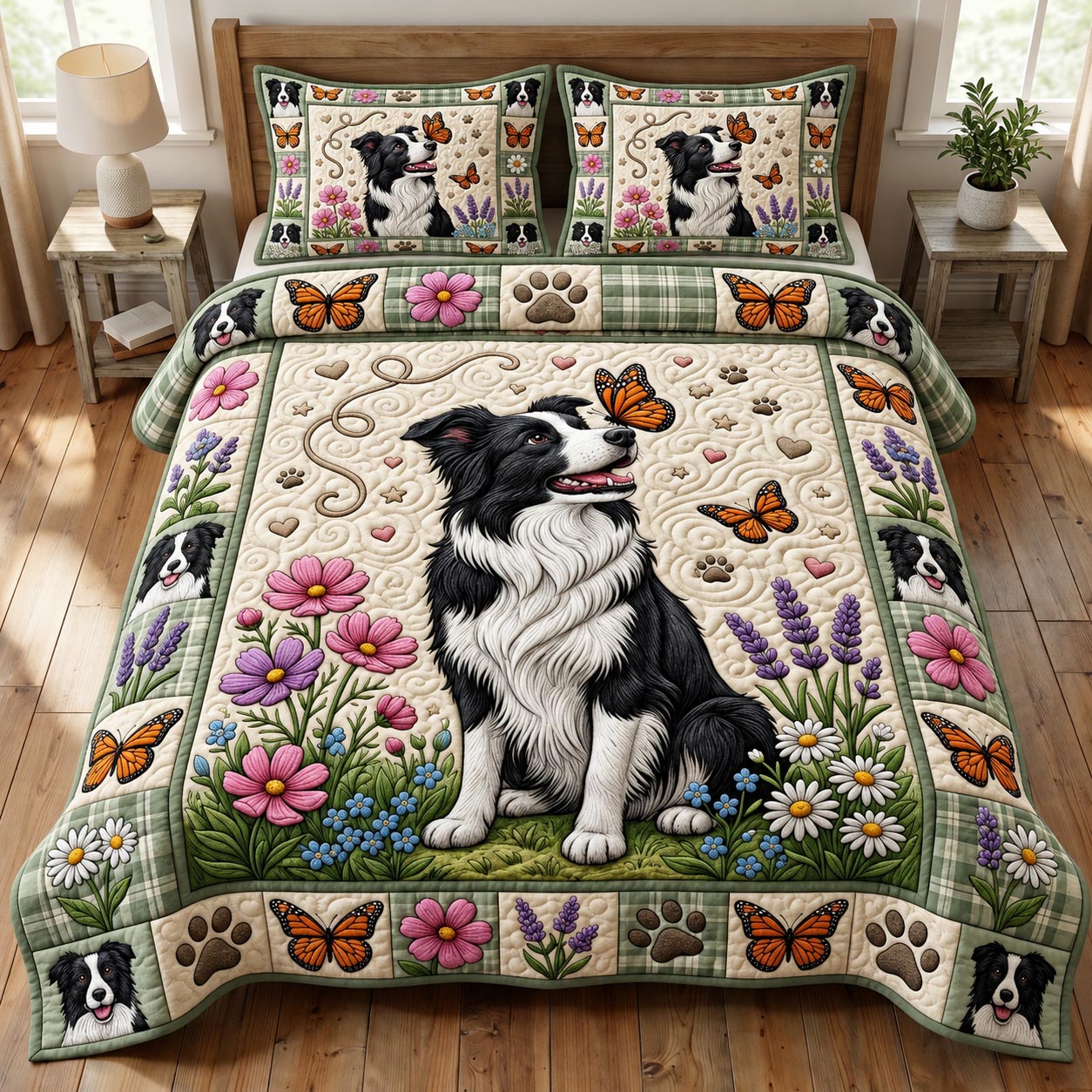 Border Collie 3-Piece Quilted Bedding Set GFTONMU1865