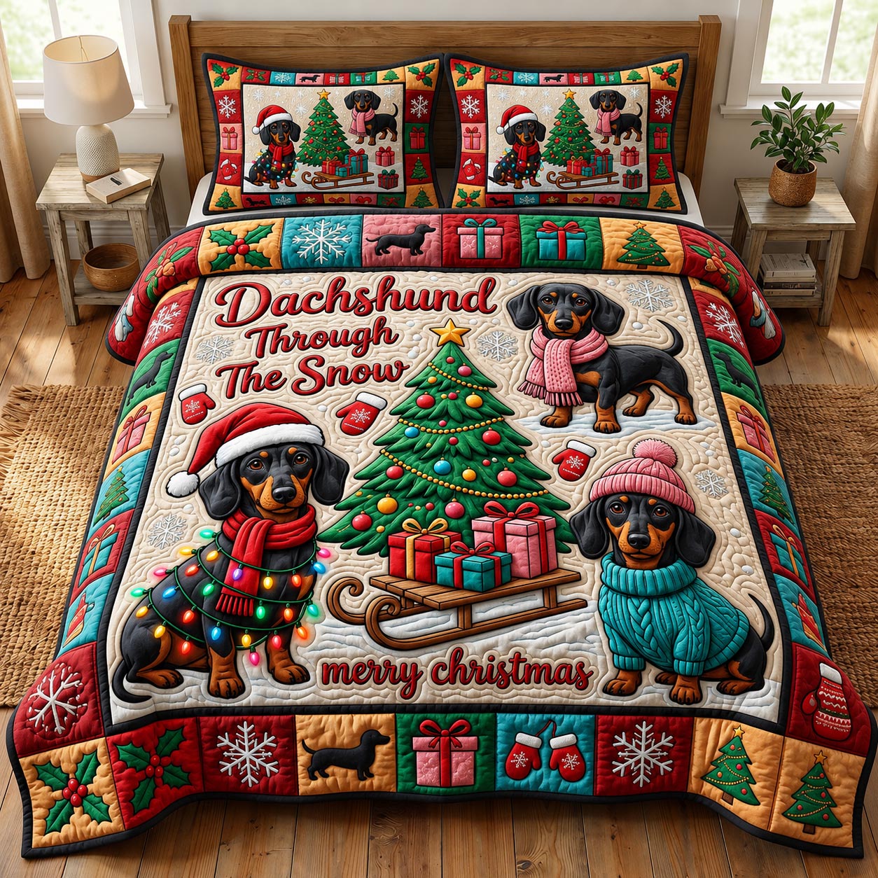 Christmas Dachshund 3-Piece Quilted Bedding Set GFTONMU2020