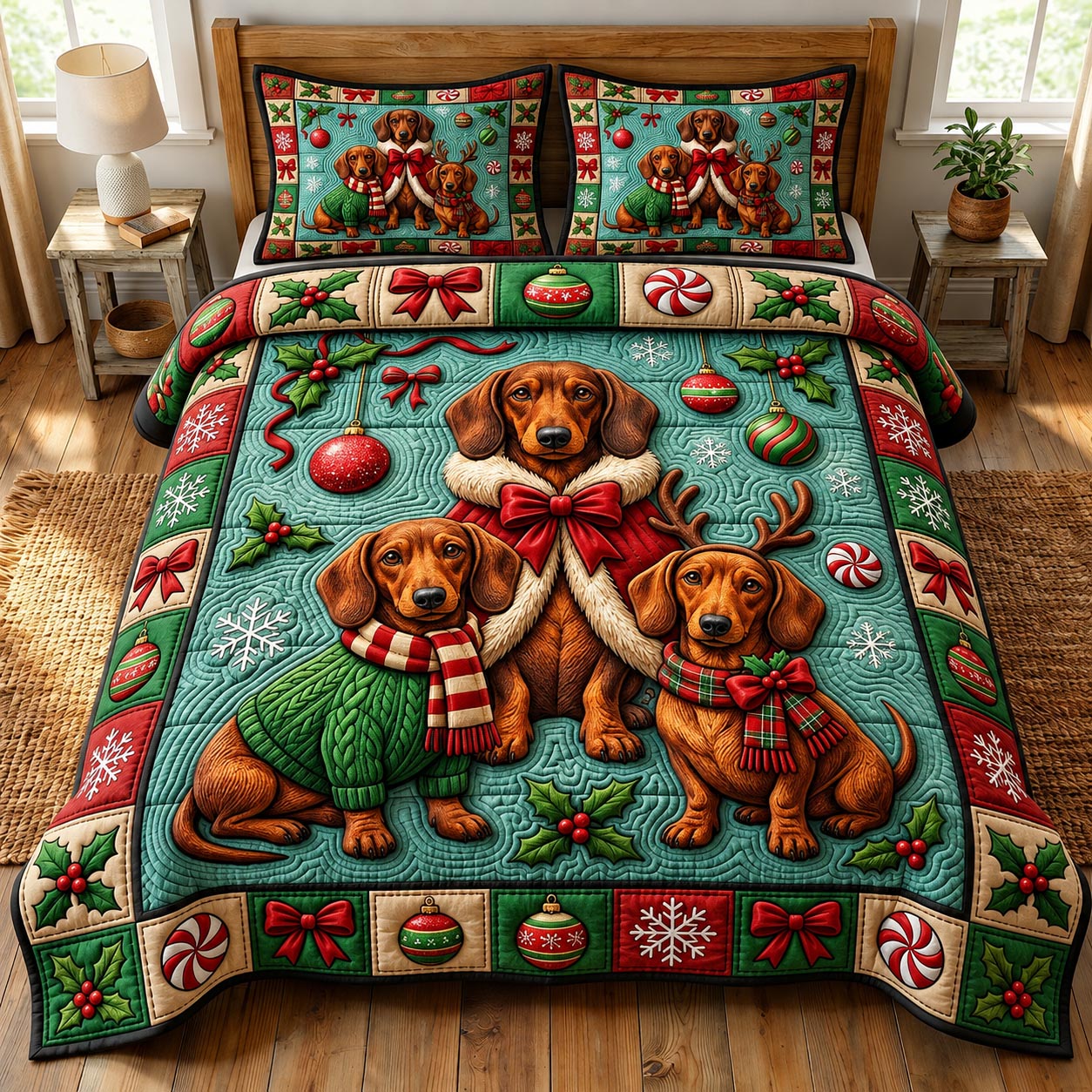 Christmas Dachshund 3-Piece Quilted Bedding Set GFTONMU2021