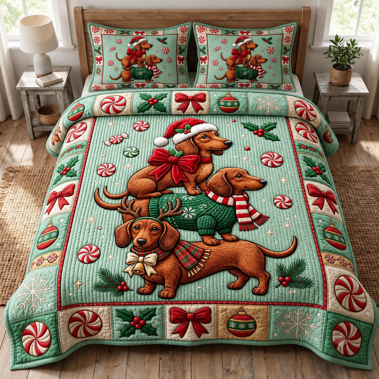 Christmas Dachshund 3-Piece Quilted Bedding Set GFTONMU2023
