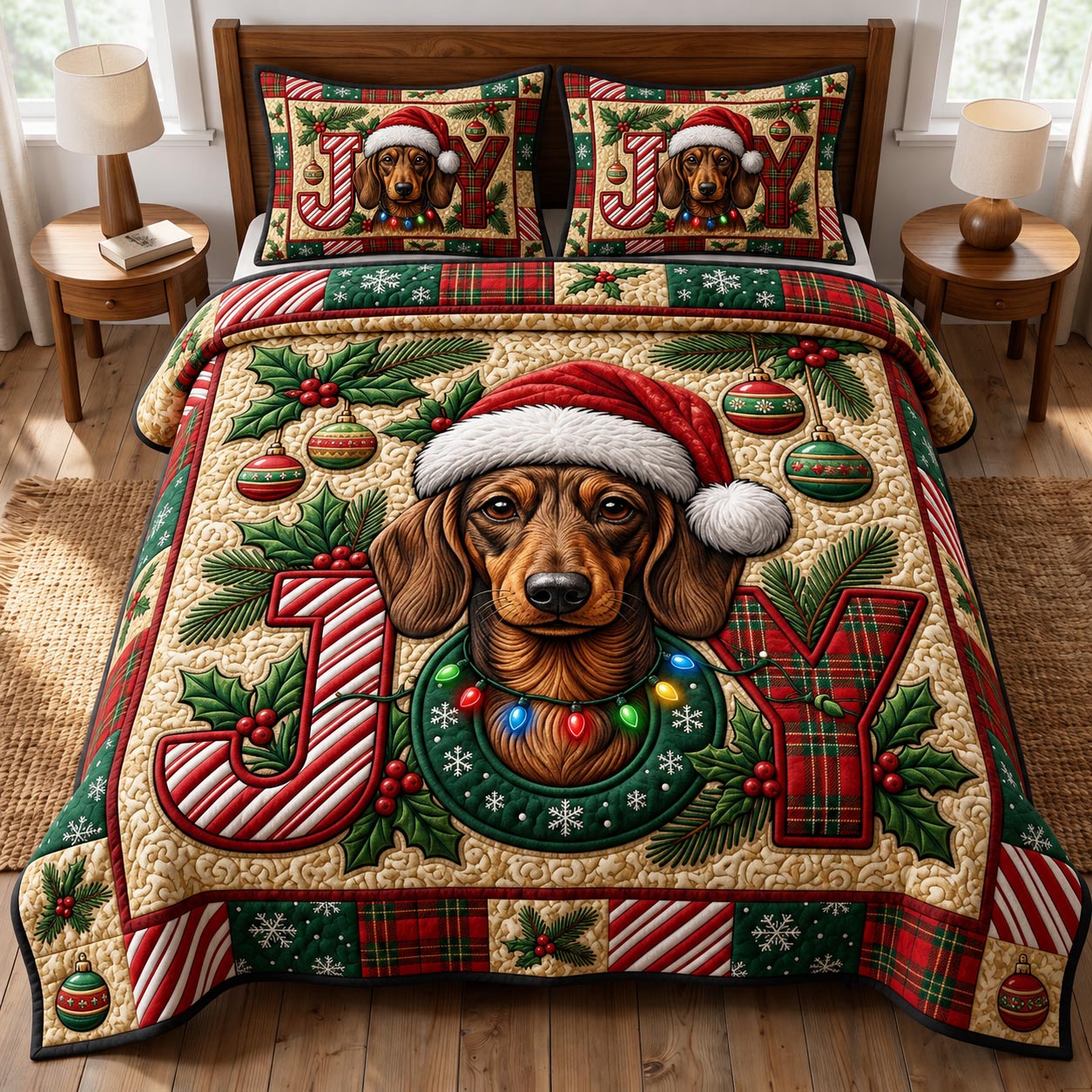 Christmas Dachshund 3-Piece Quilted Bedding Set GFTONMU2024