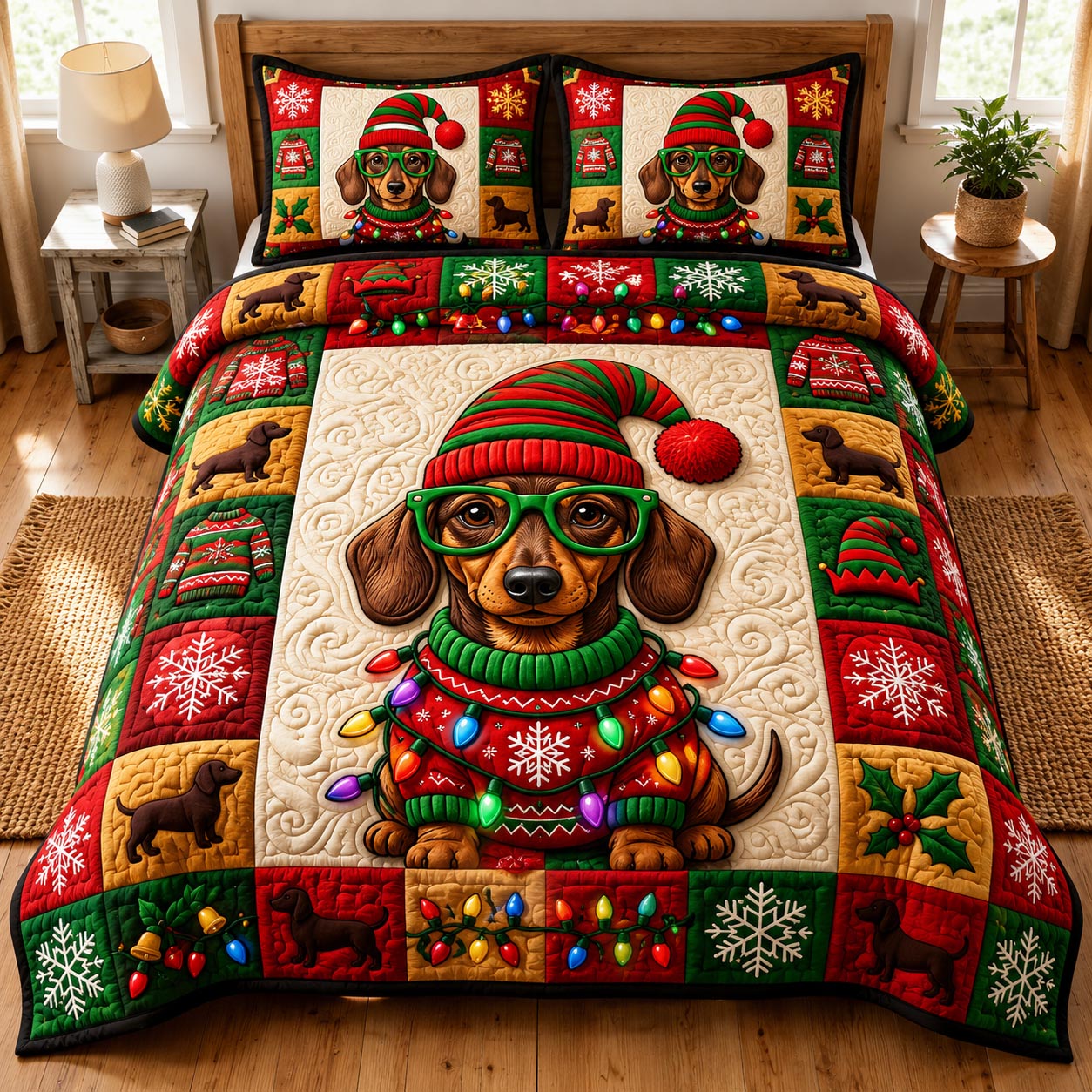 Christmas Dachshund 3-Piece Quilted Bedding Set GFTONMU2028
