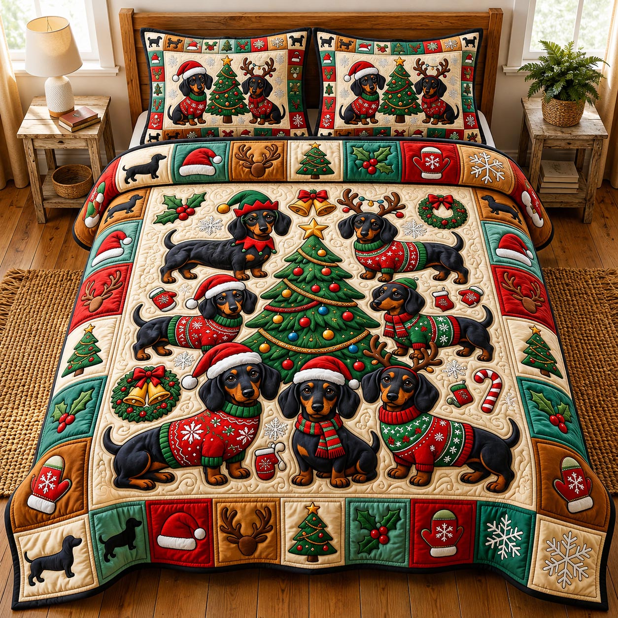 Christmas Dachshund 3-Piece Quilted Bedding Set GFTONMU2029