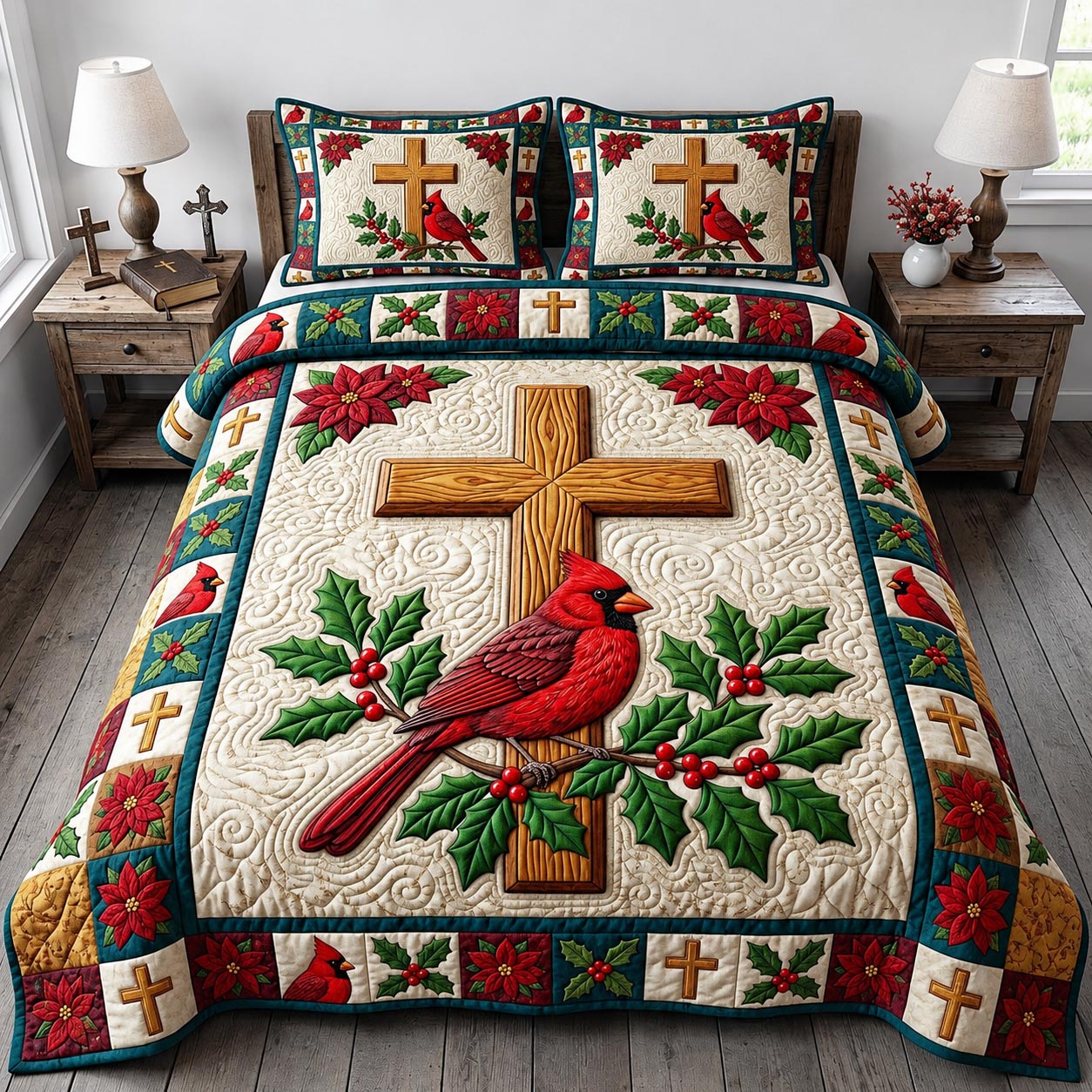 Red Cardinal 3-Piece Quilted Bedding Set GFTONMU2054