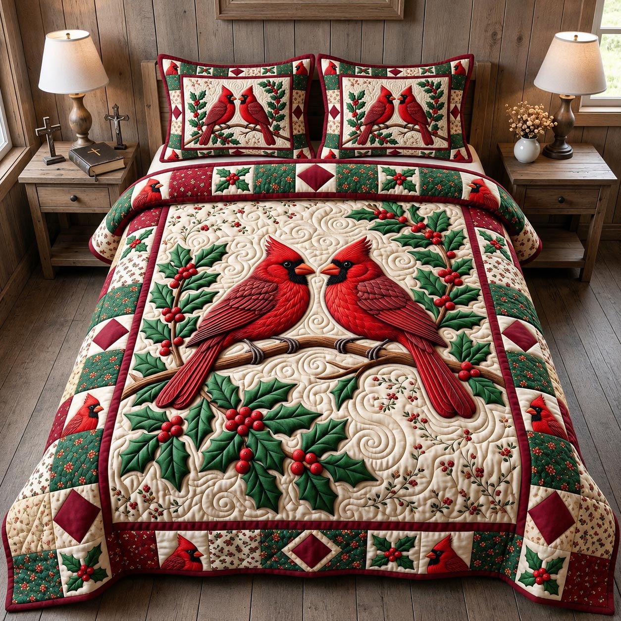 Red Cardinal 3-Piece Quilted Bedding Set GFTONMU2055