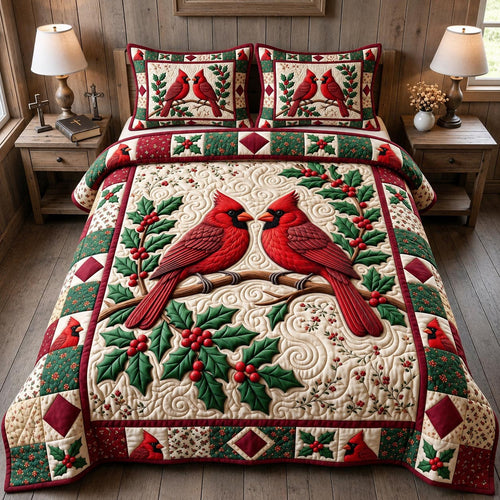 Red Cardinal 3-Piece Quilted Bedding Set GFTONMU2055