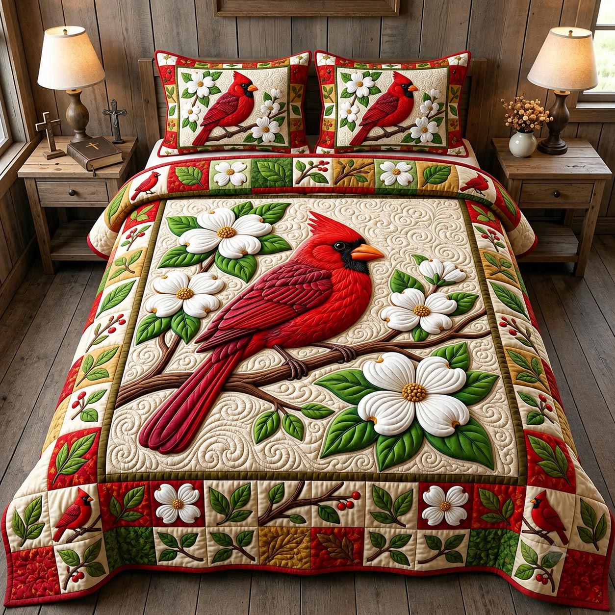 Red Cardinal 3-Piece Quilted Bedding Set GFTONMU2056