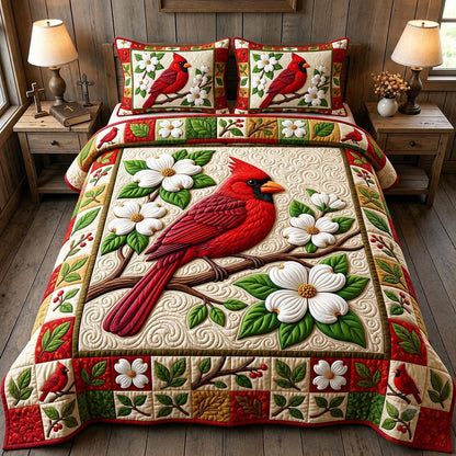 Red Cardinal 3-Piece Quilted Bedding Set GFTONMU2056