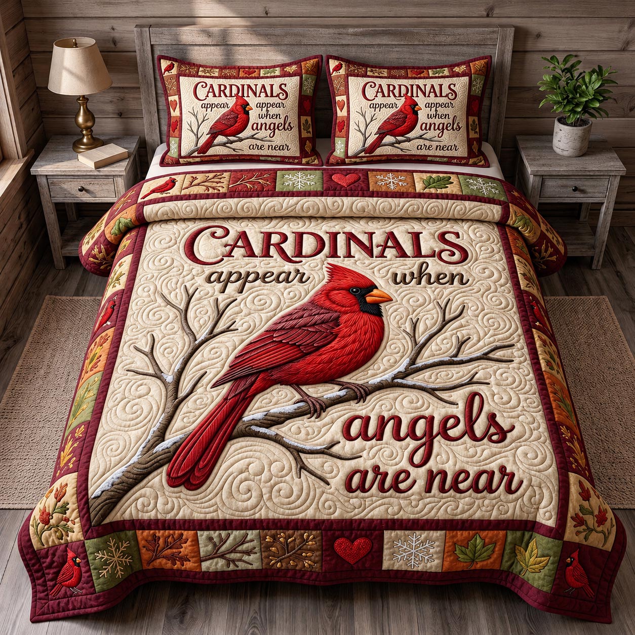 Red Cardinal 3-Piece Quilted Bedding Set GFTONMU2057