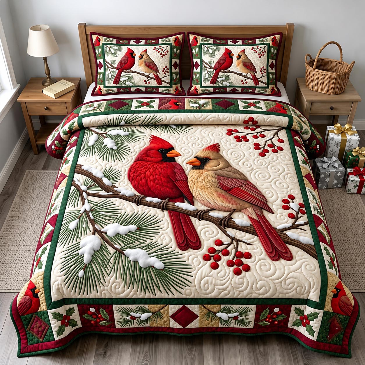Red Cardinal 3-Piece Quilted Bedding Set GFTONMU2059