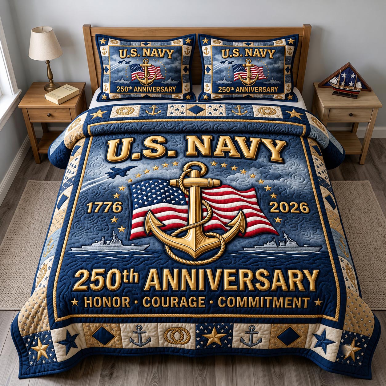 Navy Veteran 3-Piece Quilted Bedding Set GFTONMU2084