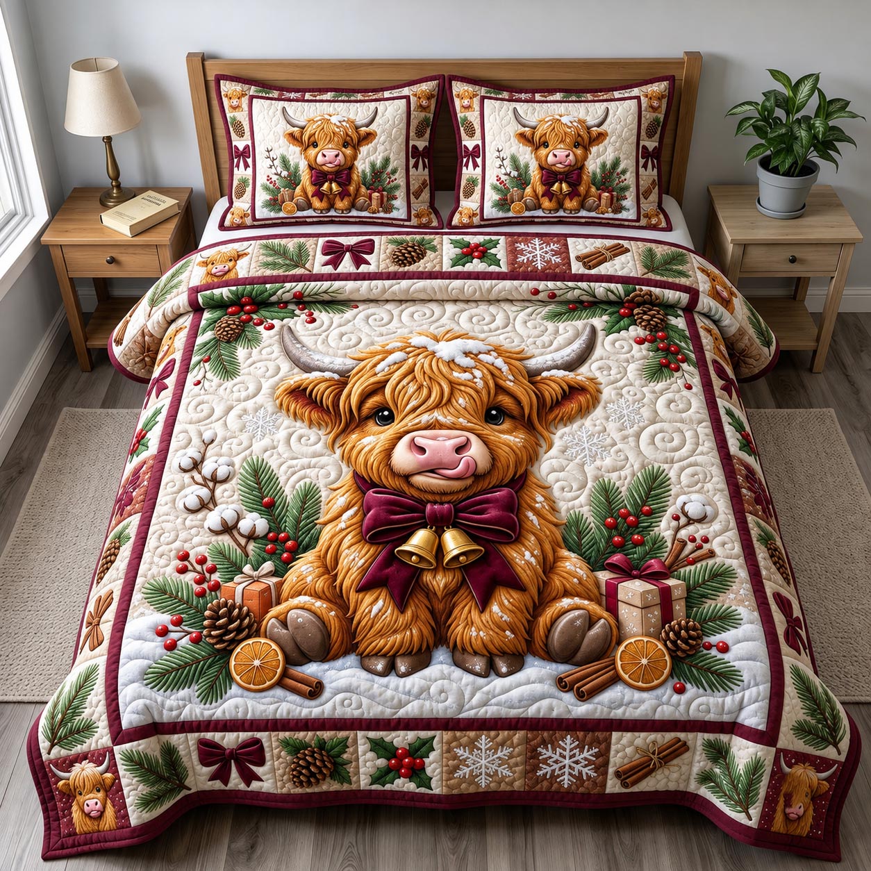 Christmas Highland Cow 3-Piece Quilted Bedding Set GFTONMU2089