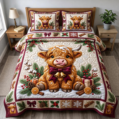 Christmas Highland Cow 3-Piece Quilted Bedding Set GFTONMU2089