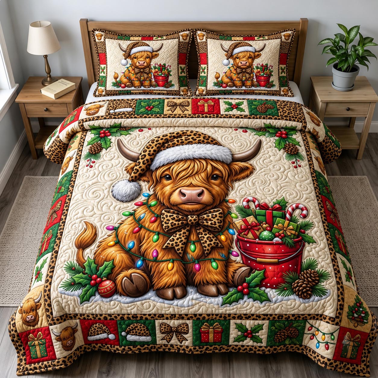 Christmas Highland Cow 3-Piece Quilted Bedding Set GFTONMU2090