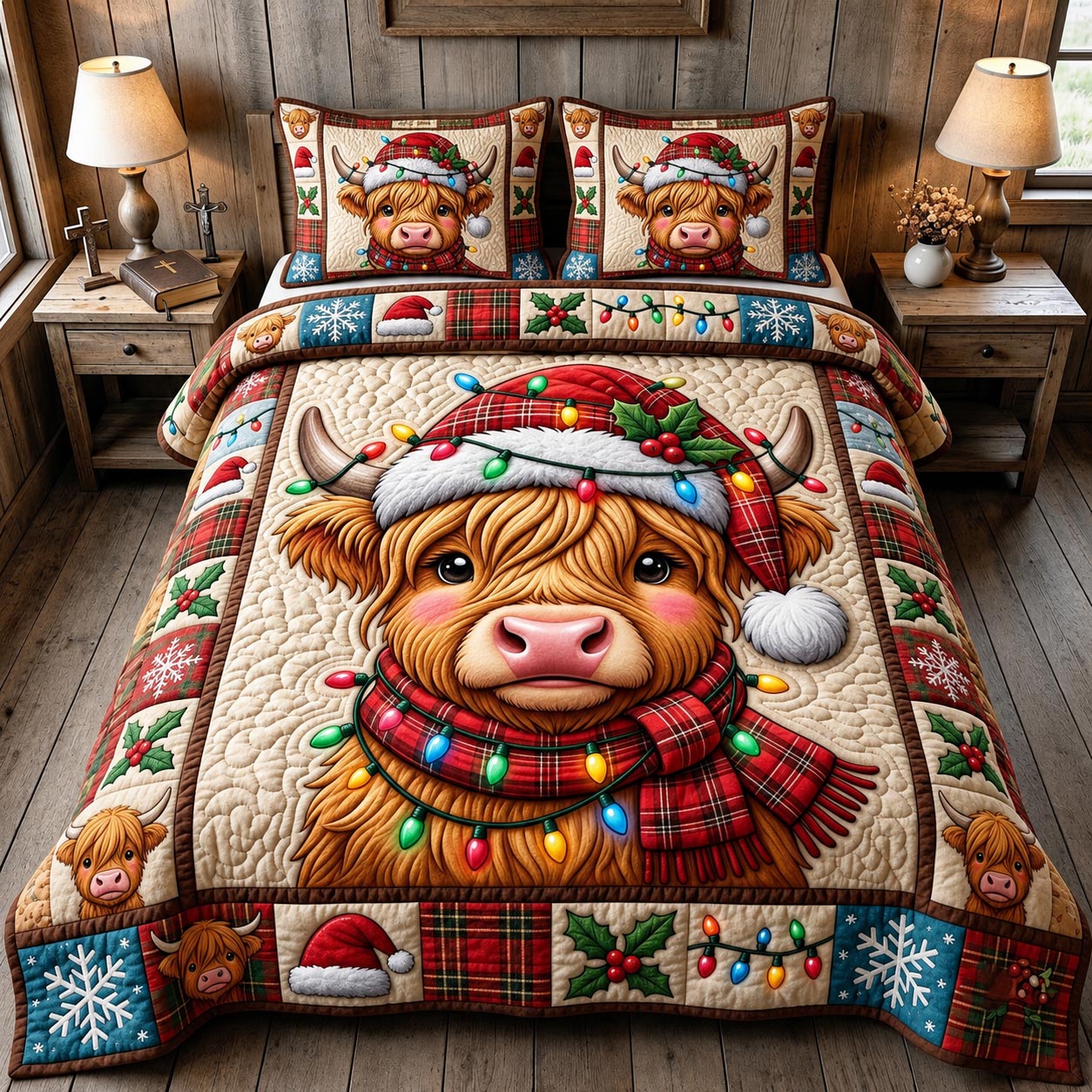 Christmas Highland Cow 3-Piece Quilted Bedding Set GFTONMU2091