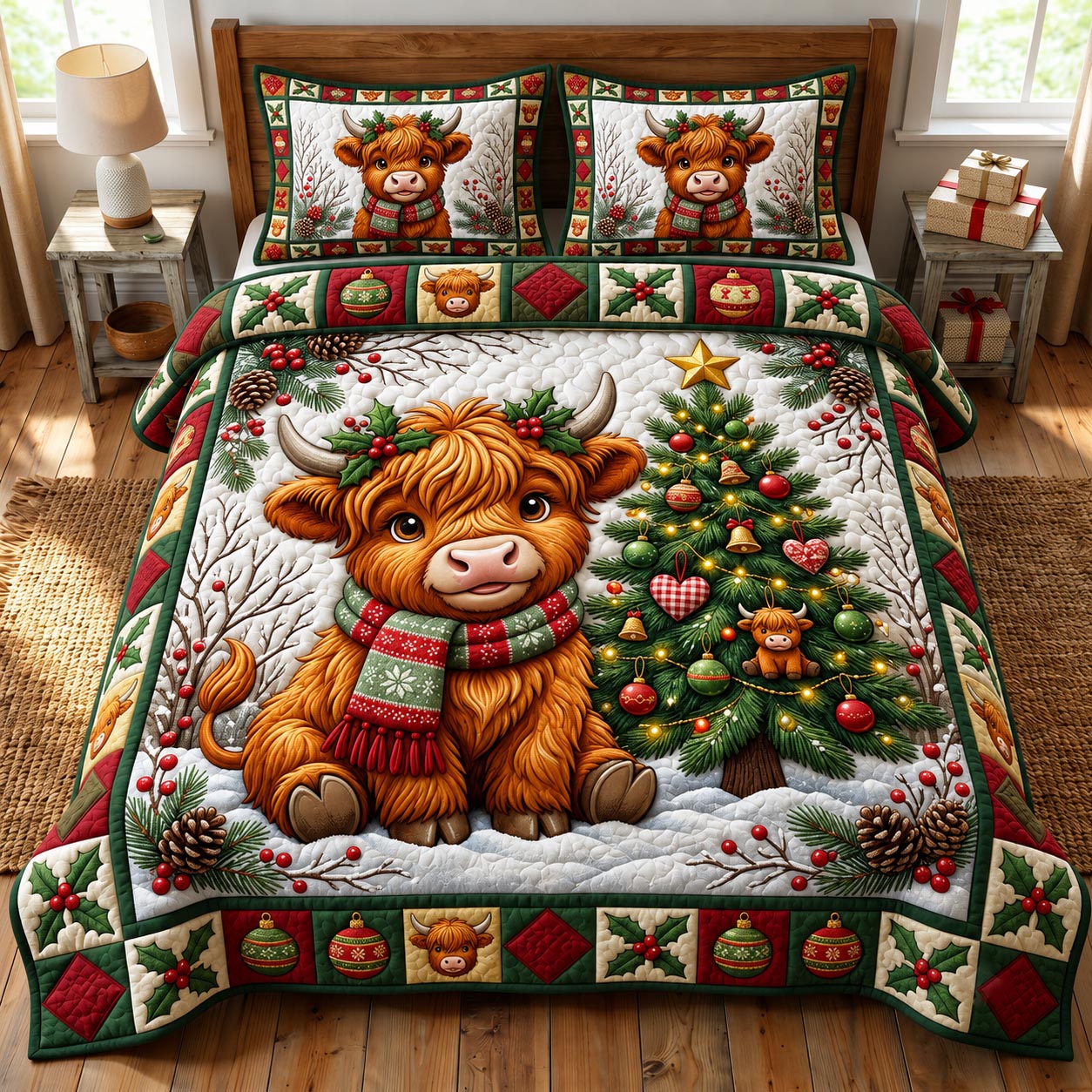 Christmas Highland Cow 3-Piece Quilted Bedding Set GFTONMU2093