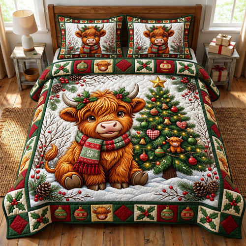 Christmas Highland Cow 3-Piece Quilted Bedding Set GFTONMU2093