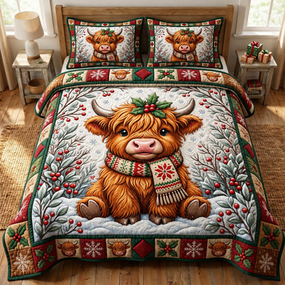Christmas Highland Cow 3-Piece Quilted Bedding Set GFTONMU2094