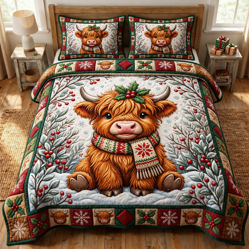 Christmas Highland Cow 3-Piece Quilted Bedding Set GFTONMU2094