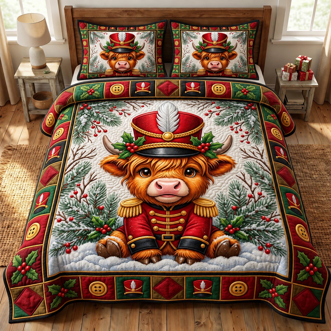 Christmas Highland Cow 3-Piece Quilted Bedding Set GFTONMU2096