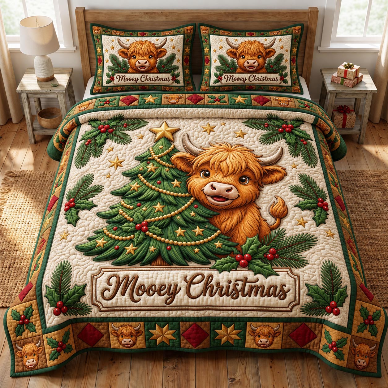 Christmas Highland Cow 3-Piece Quilted Bedding Set GFTONMU2097