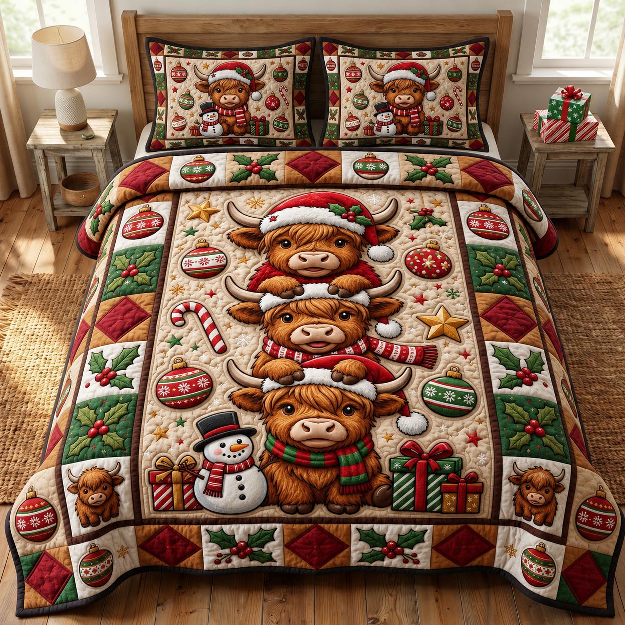 Christmas Highland Cow 3-Piece Quilted Bedding Set GFTONMU2098